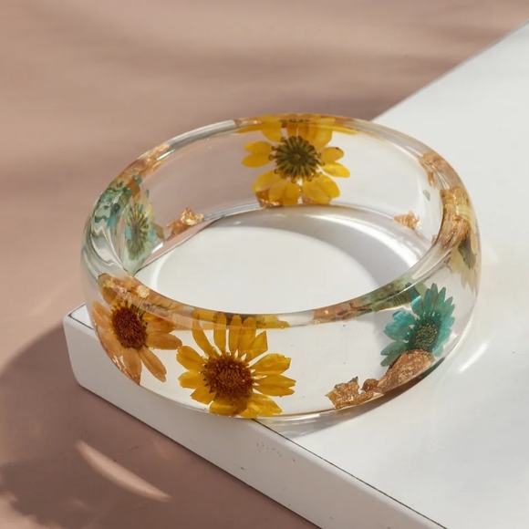 Botanical Resin Bangle Bracelet Blue Yellow Teal Red - Picture 6 of 16